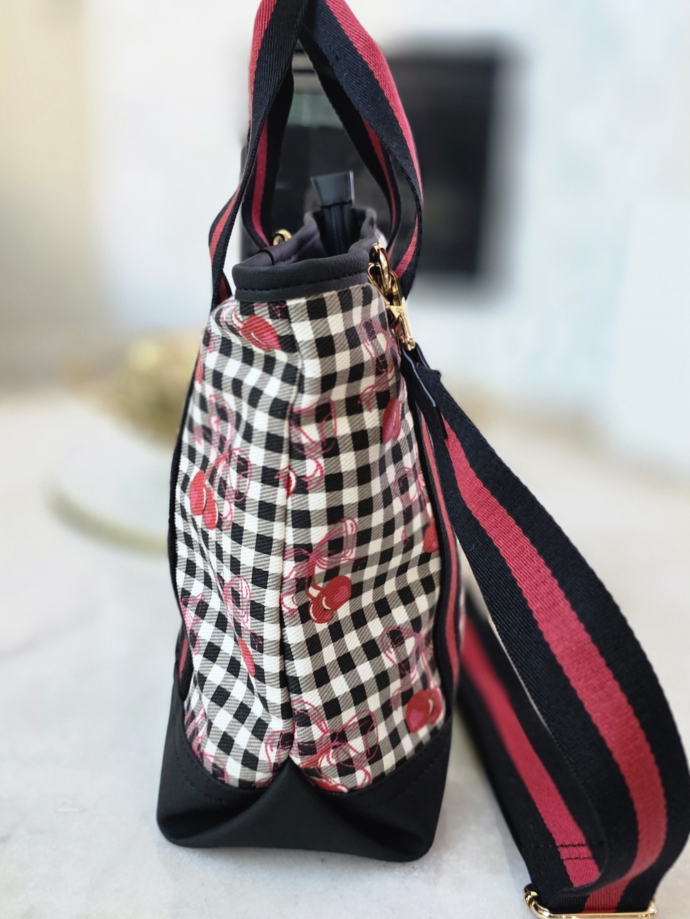 Betsey Johnson Luv Betsey LBADDIE Cherry Gingham Tote Bag Crossbody Black White - Picture 3 of 11